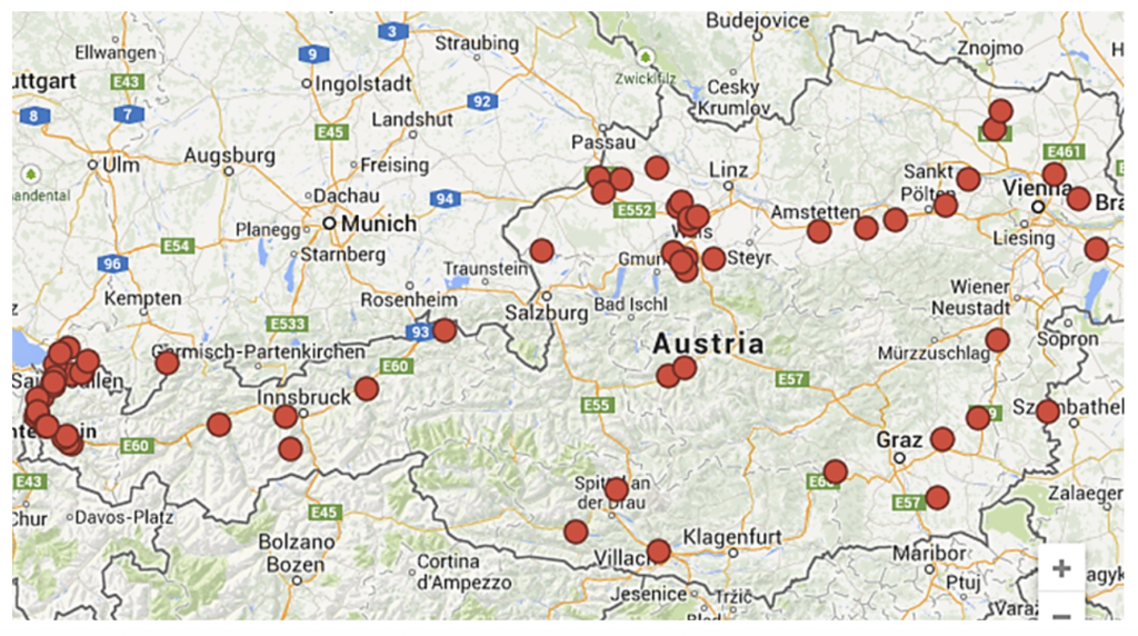 Locations of biogas plants treating food waste in Austria